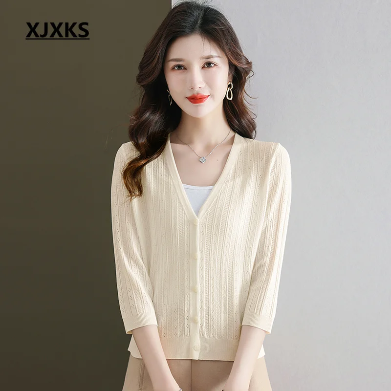 

XJXKS 2023 Summer Autumn New High Quality Temperament Solid Colour All-match Women's Cardigan Knitted Thin Jacket