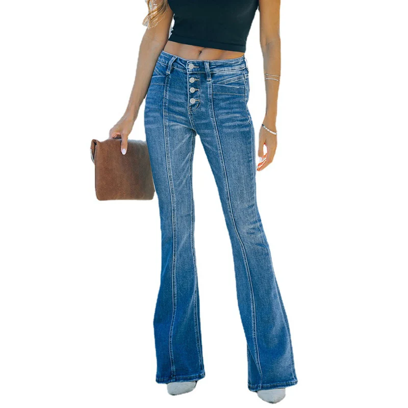 

Women's High Waist Multi-button Splicing Denim Pants Female Elegant Slim Fit Commuter Flare Jeans Comfortable Wide Leg Trousers