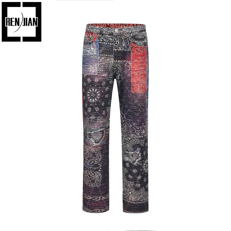 

Fashion High Street Bandana Hip Hop Jeans Pants Streetwear Floral Denim Trousers Harajuku Y2K Bottoms Paisley Flower Printed