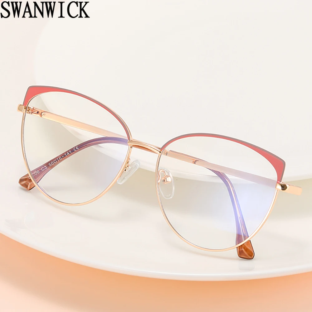 

Swanwick anti blue light glasses for women metal retro cat eye glasses frame optical female black leopard clear lens hot sale
