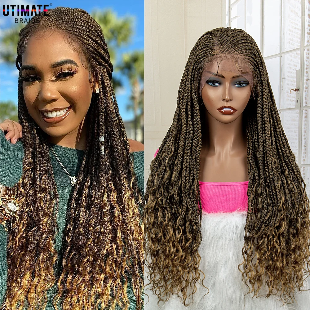 

Brown Synthetic Braided Wigs for Black Women 28 Inches 13x4 Lace Frontal African Synthetic Braiding Wig with Curly Water Wavy