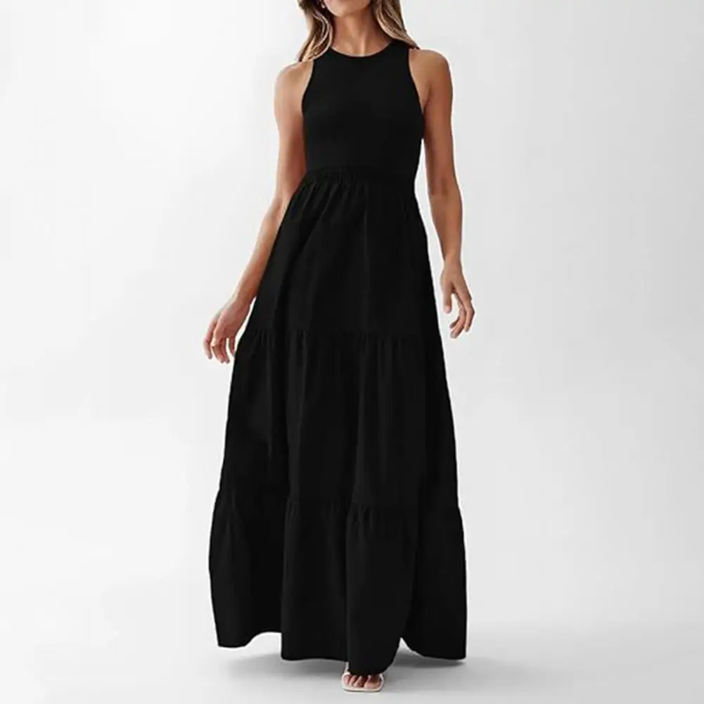 

Polyester Summer Dress Elegant Maxi Dress with A-line Silhouette Wide Hem Patchwork High Waist Detail for Beach or Date Night