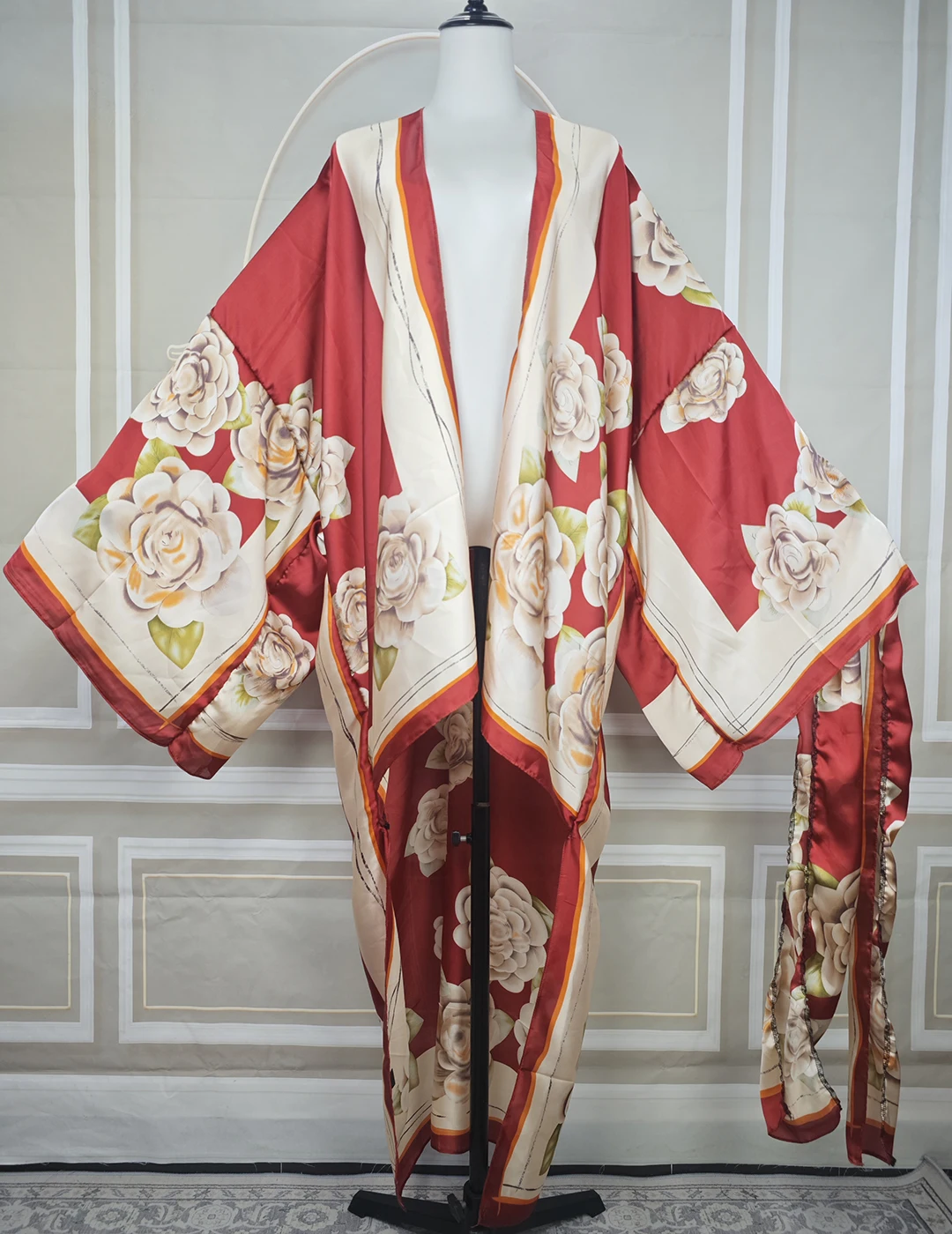 Fashion Spring African Femme Back Long of Kimonos Casual Beautiful Blogger Style Silky Open Front Mini Cardigan With Scarf