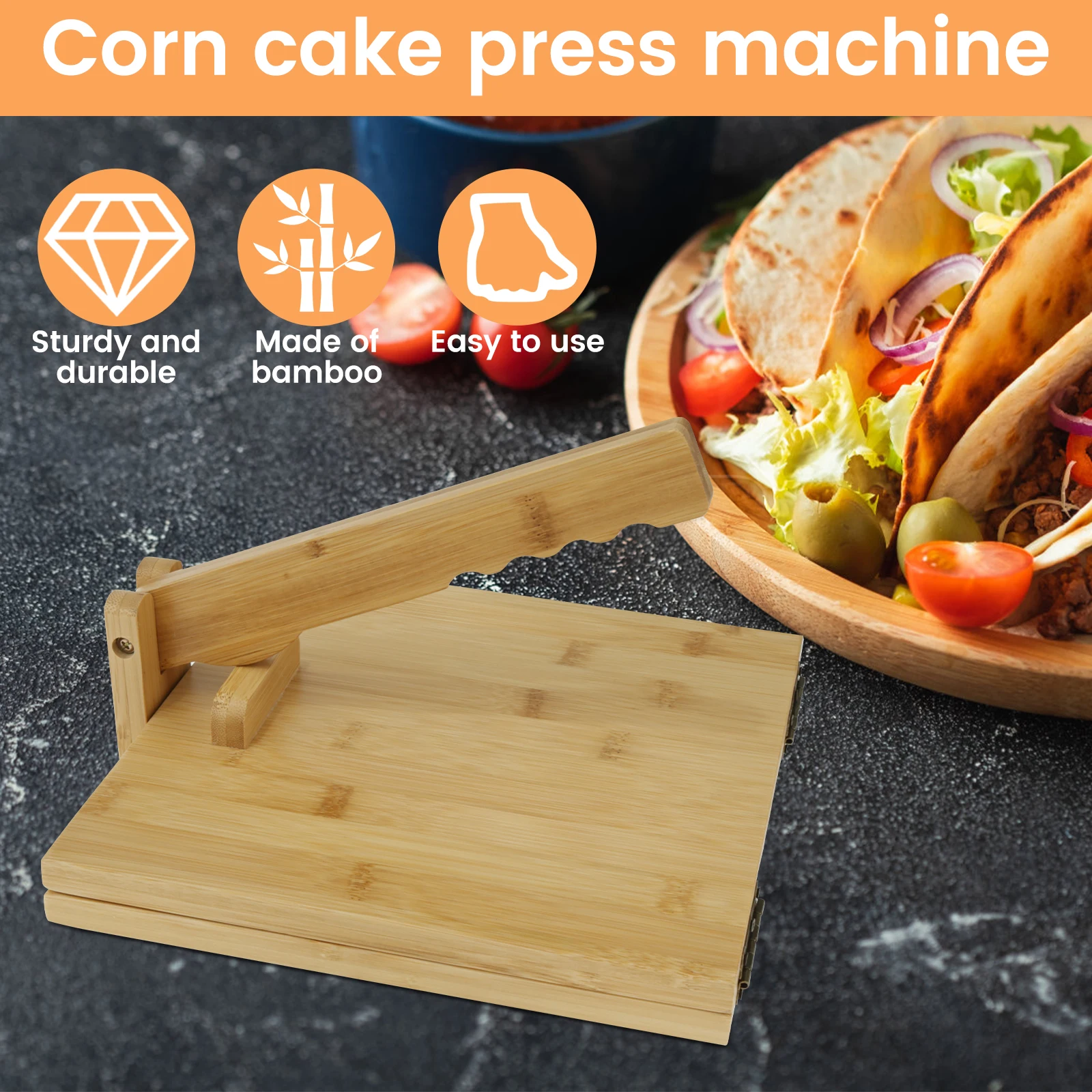 Bamboo Tortilla Presser 10 Inch Manual Square Tortilla Maker with Rolling Pin Rotatable Mexican Tortillera Dough Pressing Tool