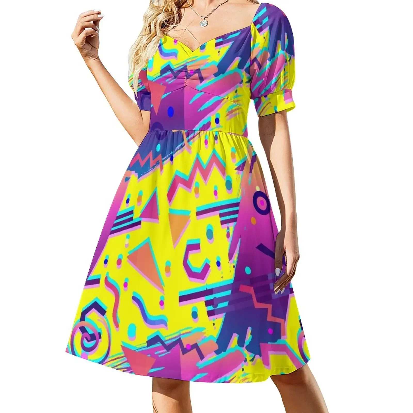 thumbnail image 1 of Vestido de manga corta con estampado retro de Memphis de los años ochenta. Vestidos de mujer, ropa de verano para mujer, vestido holgado de verano, vestidos elegantes., 1 of 7