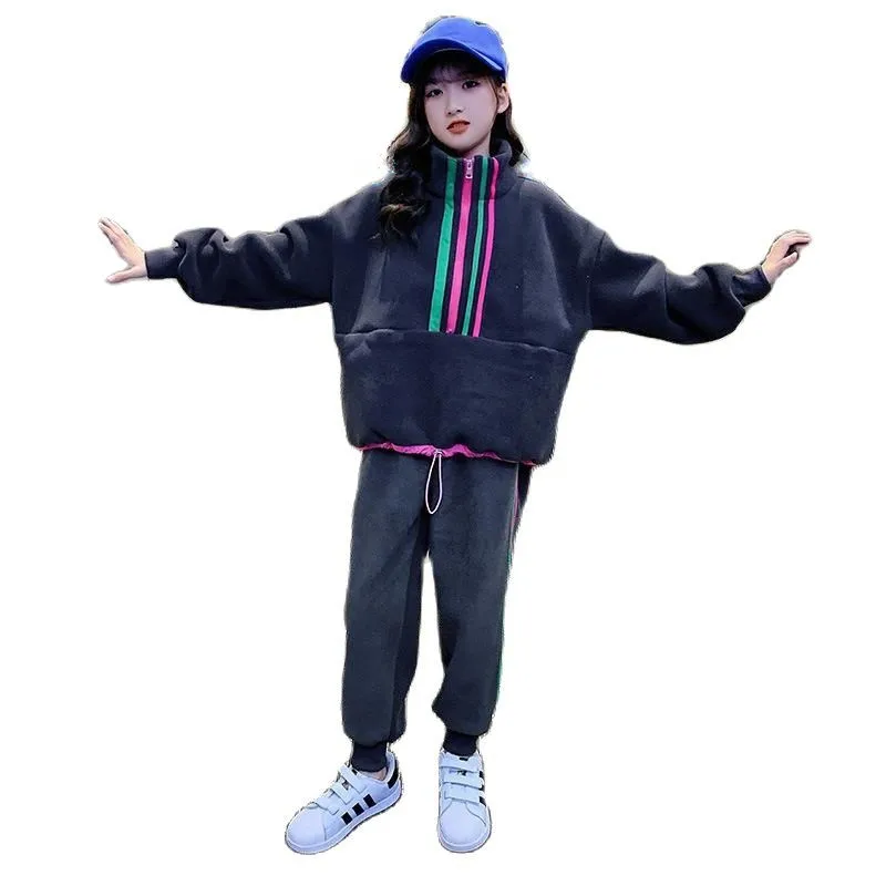 

Sports Suit for Girl Children's Suit Striped Jacket + Pants 2PCS Winter Plus Velvet Warm Teens Kids Sportswear Tracksuit 4-14Y