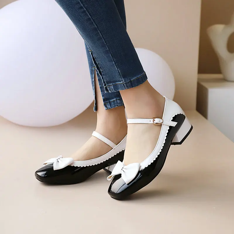 

New Girls Sweet Bowknot Leather Shoes Women Lolita Mixed Colors Mary Janes Low Heels Ballet Pumps Big Size 32-48 Women Shoes