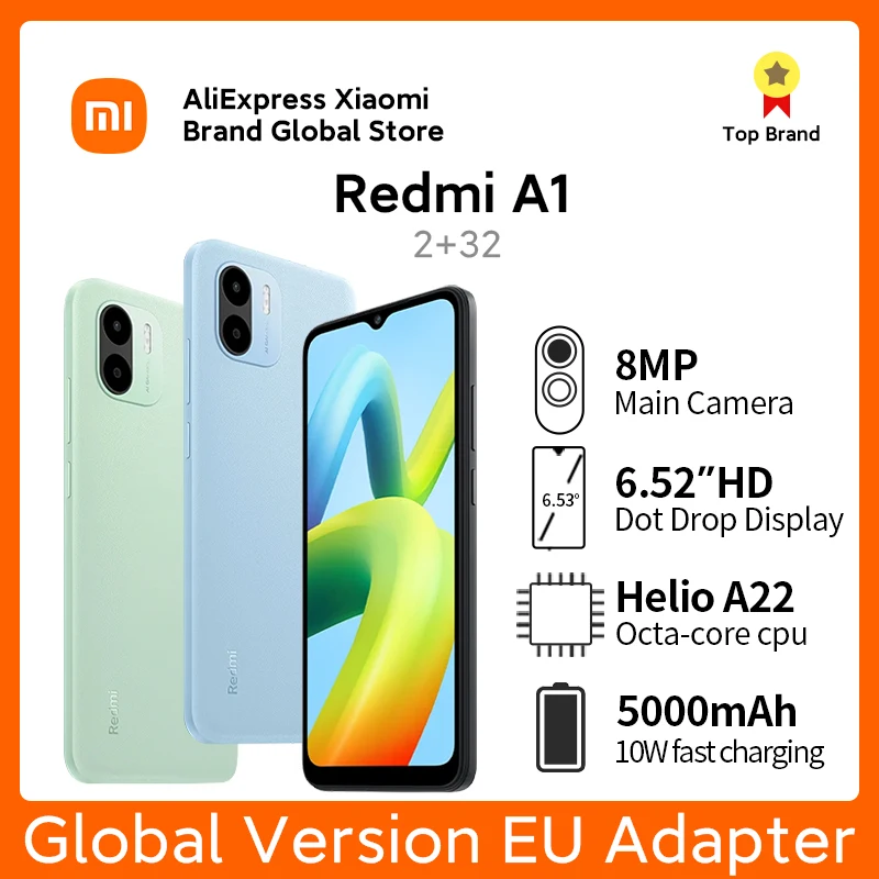 

Xiaomi Redmi A1 Global Version 2GB 32GB Helio A22 Octa Core 8MP Dual Camera Cellphone 5000mAh Battery Android 12 Mobile Phone