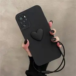 Adorable 3D Love Heart Silicone Phone Case with Lanyard Wrist Strap - Compatible with Multiple Models for RedmiNote11ProPlus5g (AXSS Black)