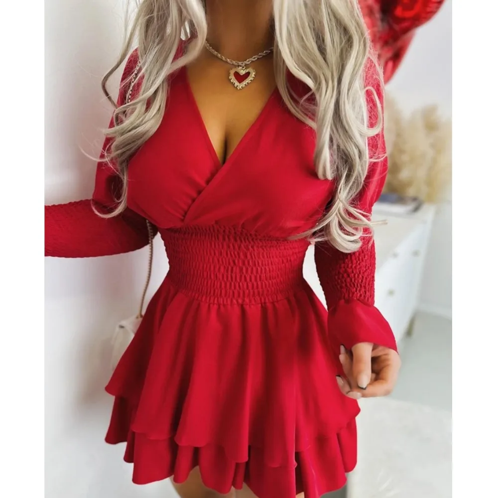 

2024 Spring Sexy V-neck Lace Spliced Long Sleeved Dress For Women Elegant Ruffle Patchwork Mini Dress Vestidos De Mujer