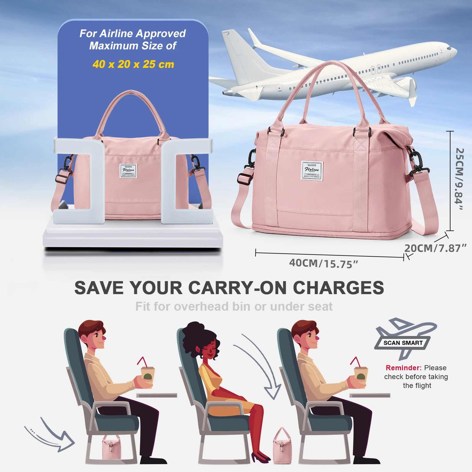 Ryanair Travel Bag 40x20x25 Cabin Bag, Handbag Sports Bag, Portable Weekender Bag for Men Women Expandable Fitness Hospital Bag