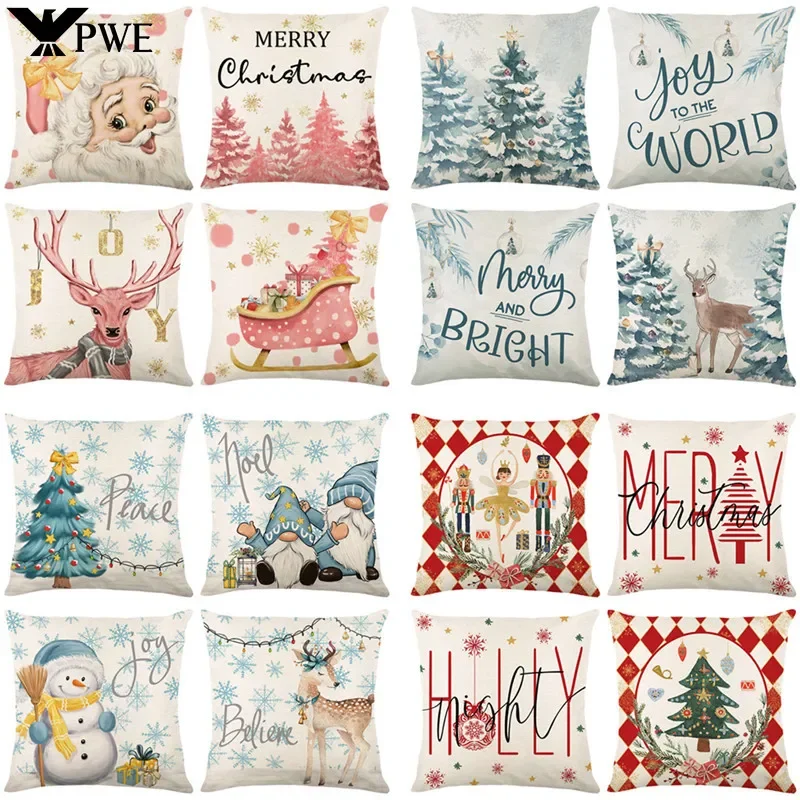 

Pink Elk Christmas Throw Pillow Cover Letter Printing Holiday Home Decoration Living Room Sofa Cushion Cover Linen Pillowcase