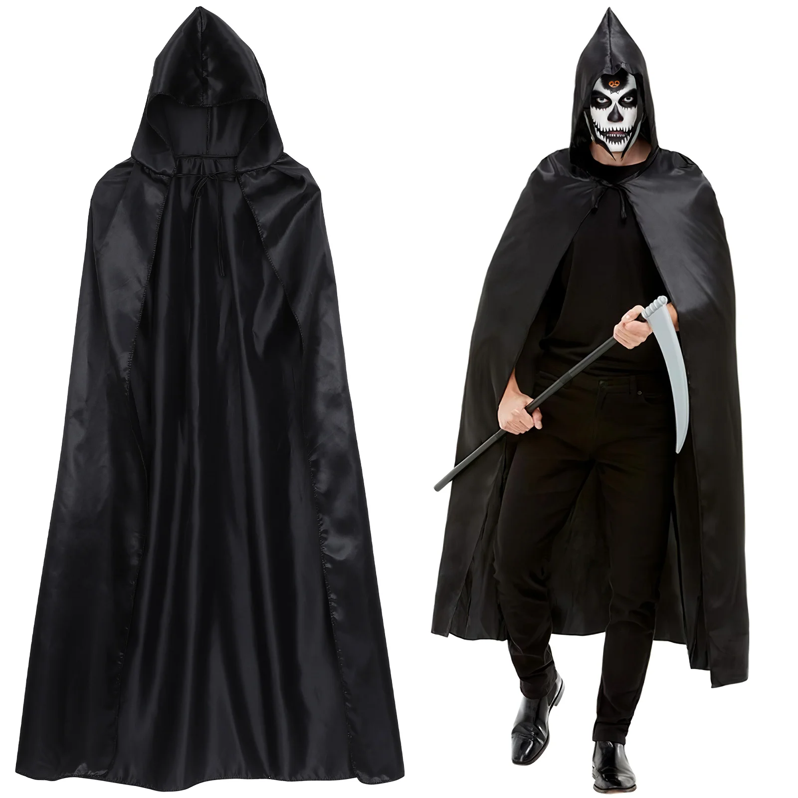

Grim Costume Set Halloween Black Hooded Cloak Plastic Scythe Unisex Death Robe Fancy Dress Adults Devil Vampire Wizard