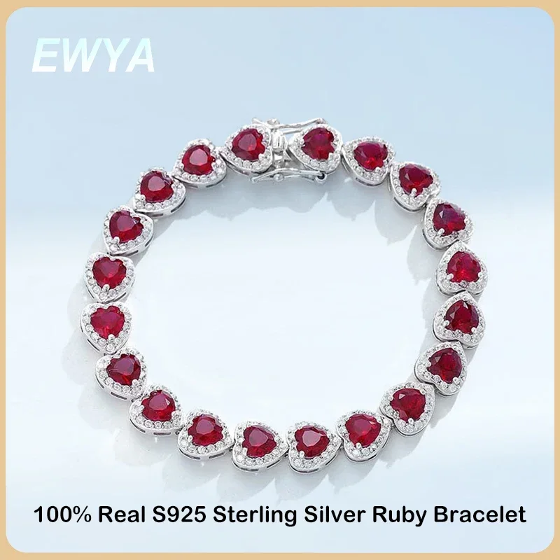 

EWYA 2023 New In Real S925 Sterling Silver Full Ruby Link Bracelet for Women Lab Grown Gemstones Bracelets Party Fine Jewelry
