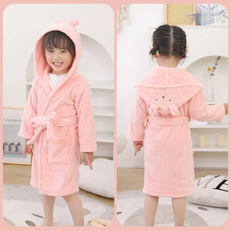 Children's Bathrobe Hooded Bath Towel Type Boy's Thick Autumn and Winter Girl's Towel Pure Color Absorbent Quick-Drying Robes