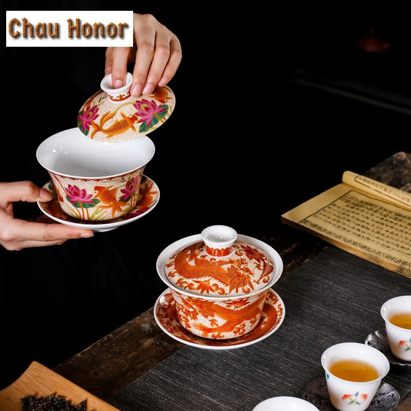 250ml Enamel Color Sancai Gaiwan Master Cups Retro Chinese Tea Set Teacup Lid And Saucer Set Teaware Chrysanthemum Tea Teaware