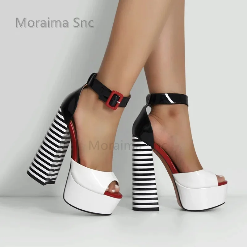 Women Sandals Women High Heels Peep Toe Chunky Platform Women's Sandals Square Heels Ankle Strap High Heels Sandals Summer Black and White Stripes Party Shoes