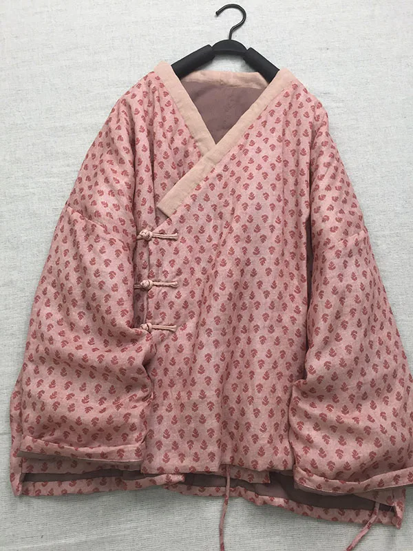 브랜드 여성 의류 정품 겨울 인쇄 기울어 진 전면 리넨 코튼 코트 수제 단추 패딩 자켓 