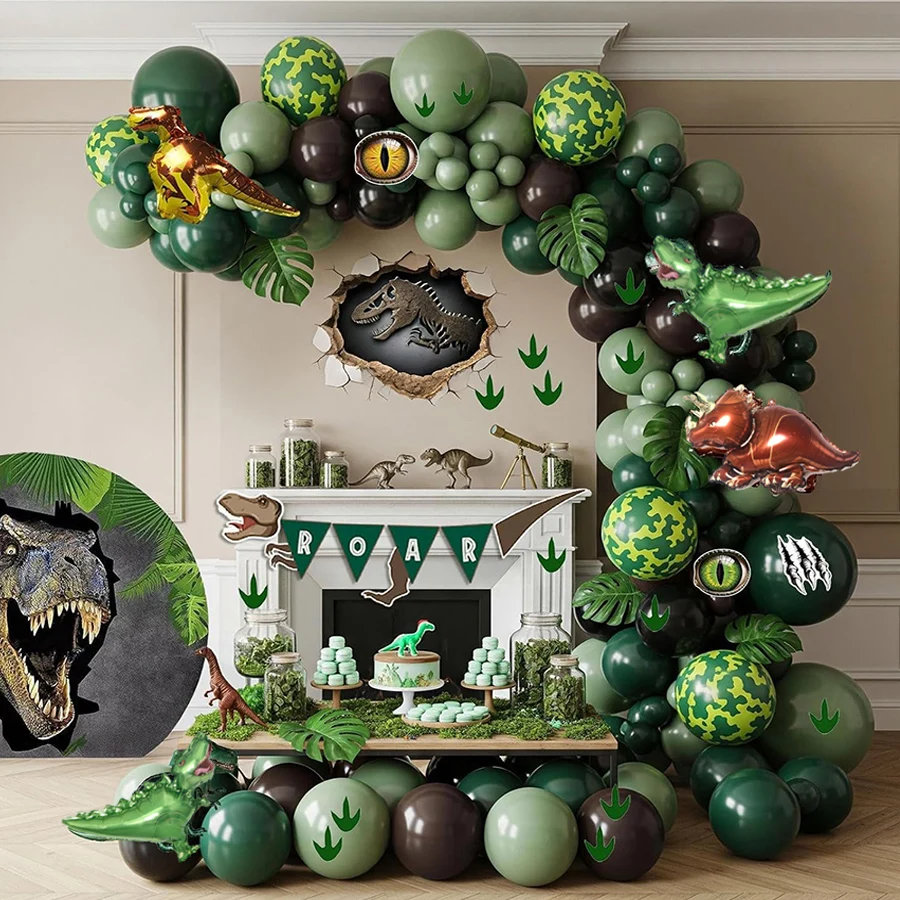 Niedliches Dino-Ballon-Set in Salbeigrün und Braun mit Tarnmuster für Dschungel-Safari-ROAR Dinosaurier-Geburtstagsfeier-Dekorationen