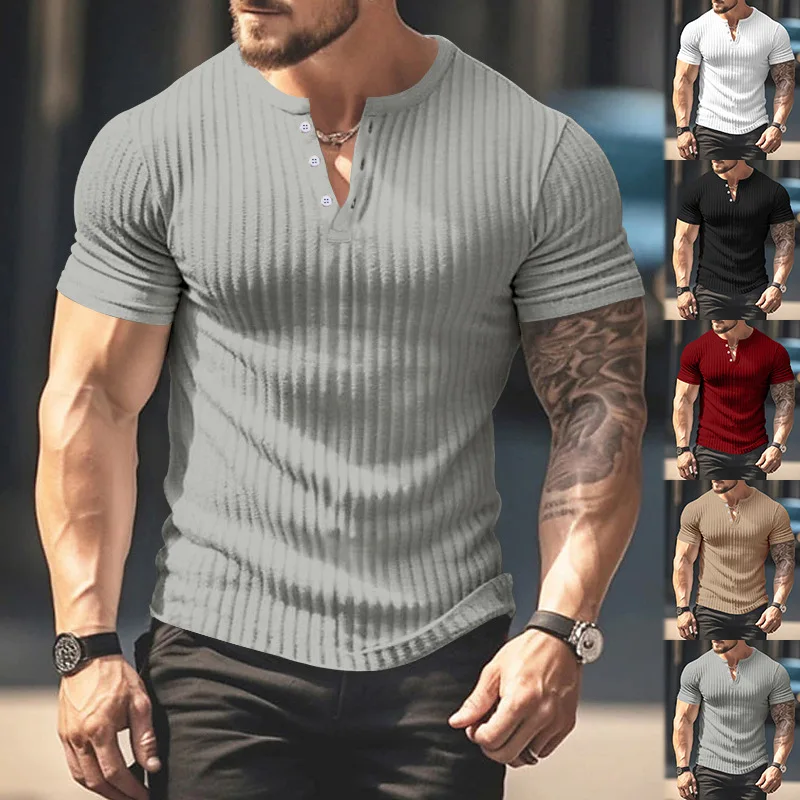 

European and American solid color men's new summer versatile short-sleeved foreign trade Henry shirt casual knitted T-shirt
