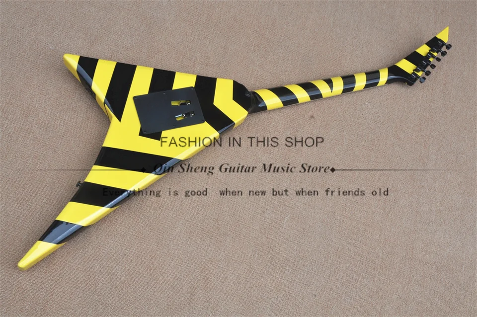 Black-yellow electric guitar, V-shaped guitar, tremolo bridge