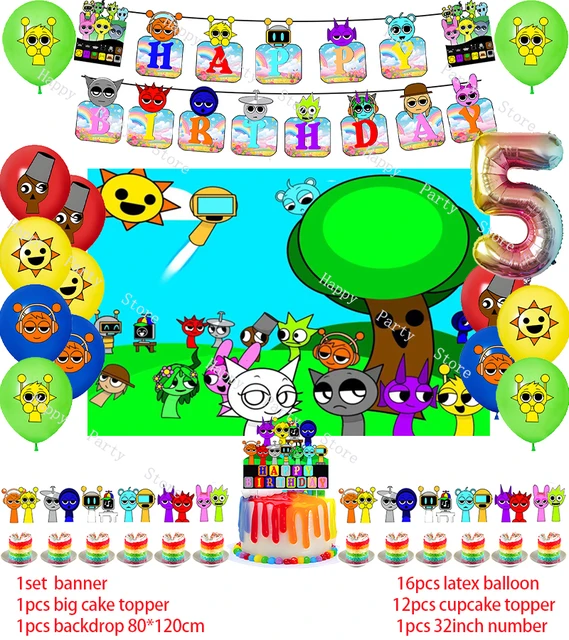 Set Decorazioni Compleanno Sprunki | 12 Topper Torta, 16 Palloncini, 15 Striscioni, 6 Spirali - Foto 3