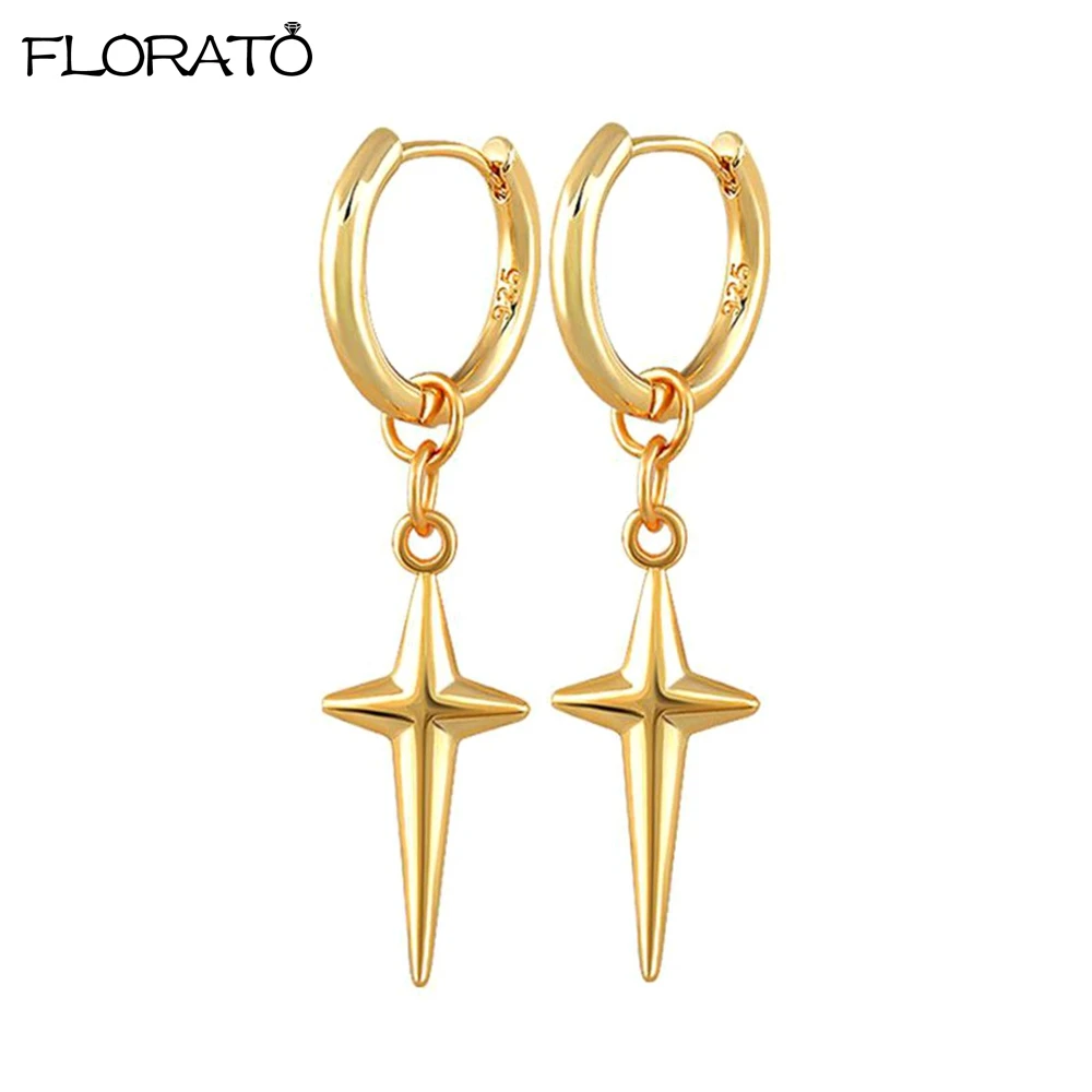 925 Silver Needle Men Cross Stars Punk Dangle Earrings Gothic