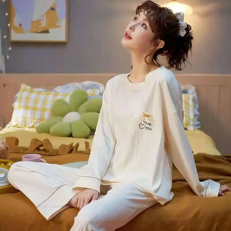 SUO&CHAO Spring Autumn Pajamas Set For Women Long Sleeve Round Neck Tops And Pants Pyjamas Pijamas Sleepwear Homewear 2 piece set women pajamas flannel sleepwear round neck solid long sleeve trousers pyjamas thicken warm leisure homewear winter