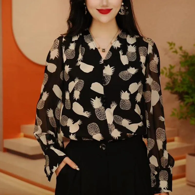 

Women's New Spring Autumn Glass Double Wrinkled Silk Versatile Fashion Printed V-Neck Loose Casual Long Sleeve Chiffon Tops