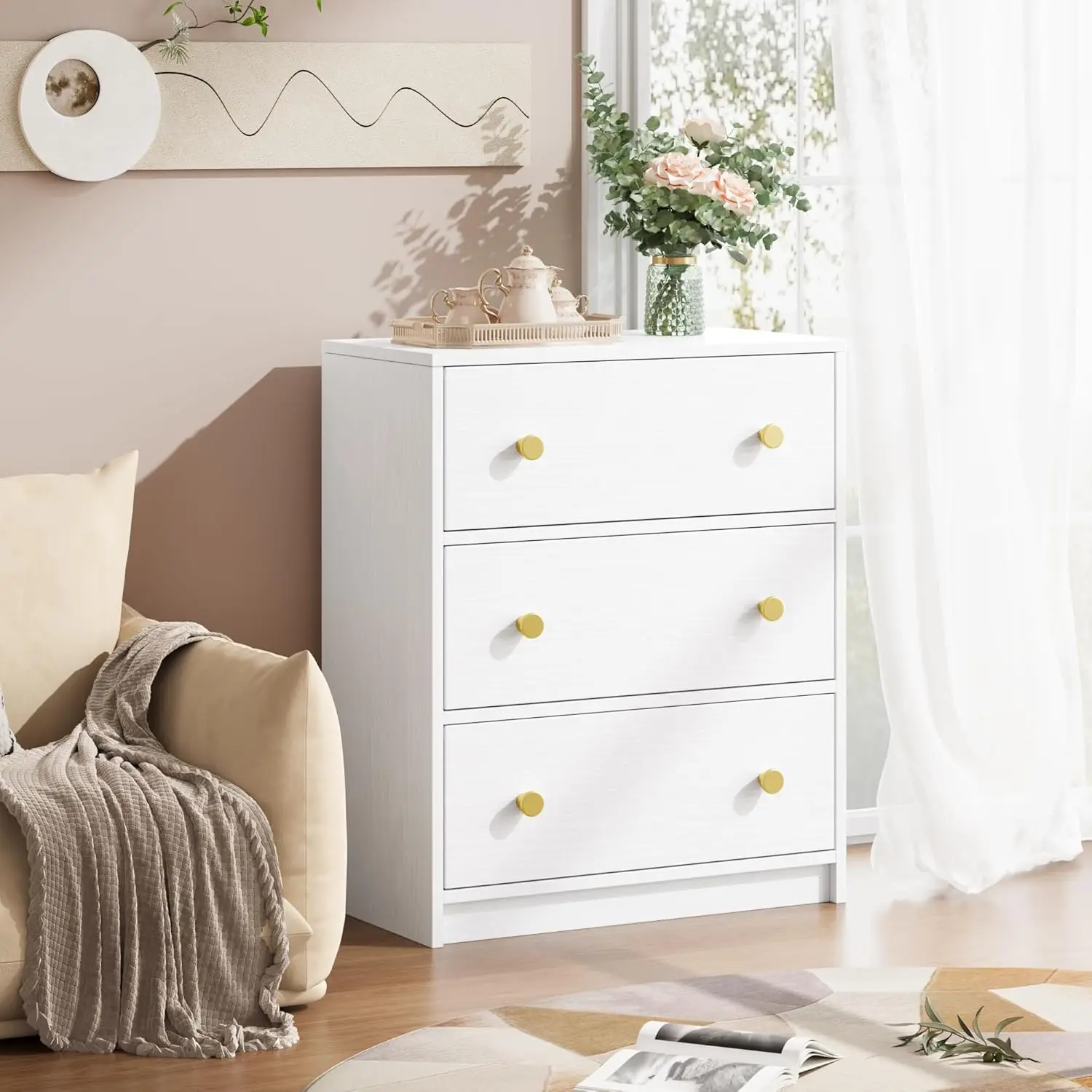 3 Drawer Dresser, White Nightstand for Bedroom with Fabric Drawers, Small Dresser Bedside Table Chest of Drawers for Be