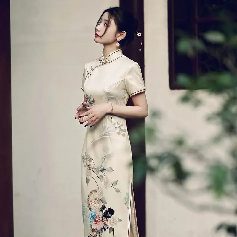 

Chinese Dress Traditional Long Cheongsam Qipao Spring Autumn High-end qipao dress modern Retro Temperament Young Improved Dress