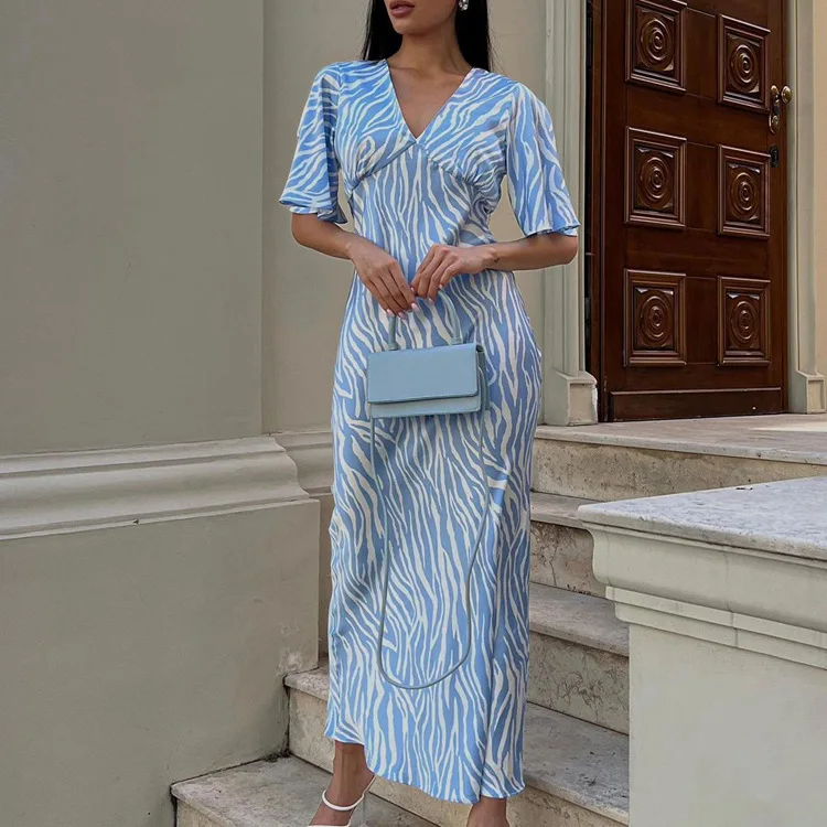 

2024 Summer Women's New Short Sleeves Satin Dropping Feeling Slim Off Back Style Printed Long Dress