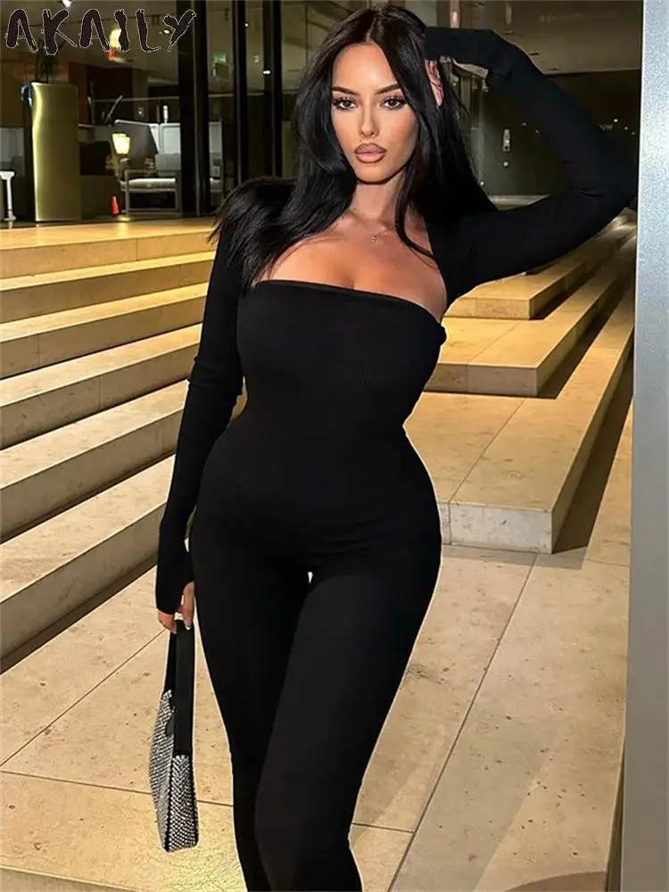 

Akaily Coffee Sexy Strapless Jumpsuit Club Party Outfits For Women 2023 Winter Long Sleeve Shawl Jumpsuits Bodycon Activewear