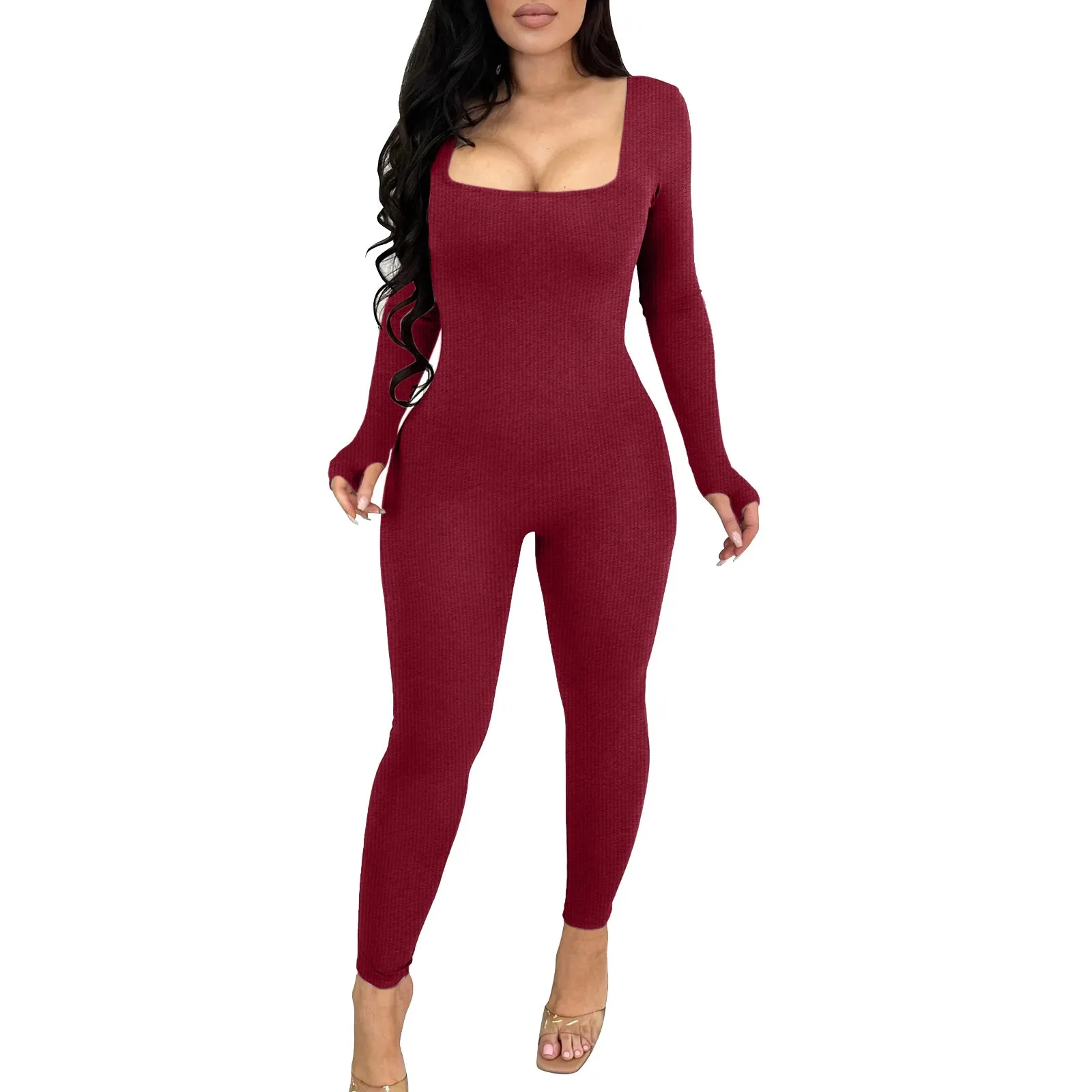 

Women Tight Fitting Jumpsuit Solid Color Ribbed Knit Long Sleeve Square Neck Bodycon Rompers Work Out Sport Yoga Playsuits