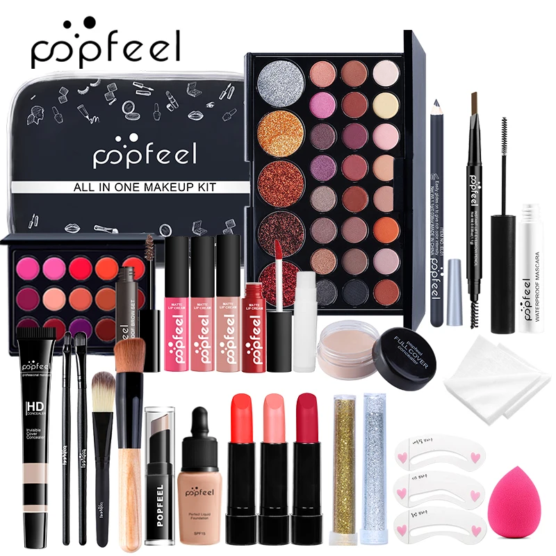 POPFEEL-Kit de maquillaje todo en uno para mujer, conjunto completo, todo en uno, incluye delineador de cejas, sombra de ojos