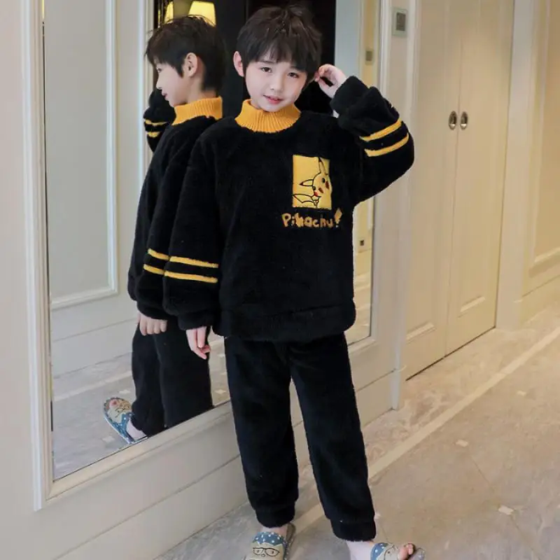 

Anime Pokemon Boys' Flannel Pajamas Autumn and Winter Pajamas Cartoon Pikachu for Big Children Coral Fleece Home Clothes Set