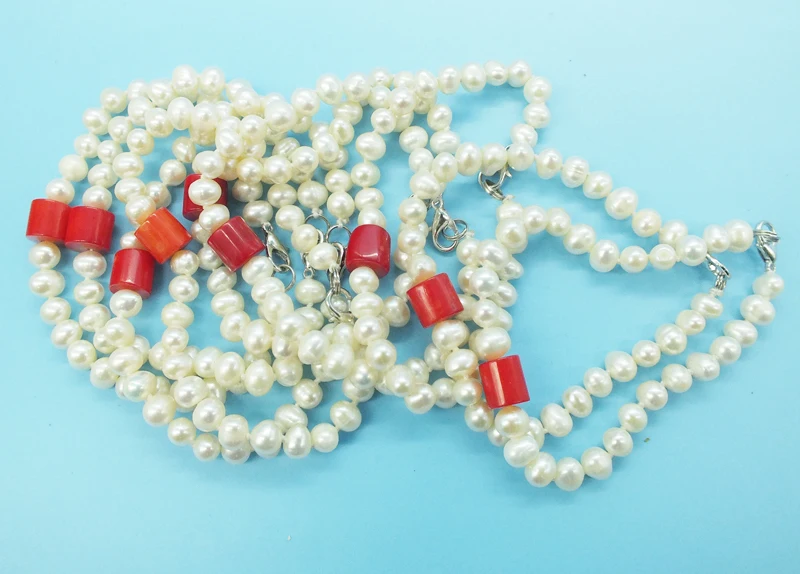 

Wholesale 9PCS/lot BREATH TAKING PRICE 6MM Natural White Pearl and Natural Red Coral Bracelet 7.5 inches