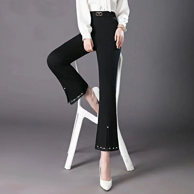 Womens Autumn and Winter Fashion High Waist Fleece Elastic Solid Lace Pockets Splicing Cultivation Versatile Micro-flared Pants
