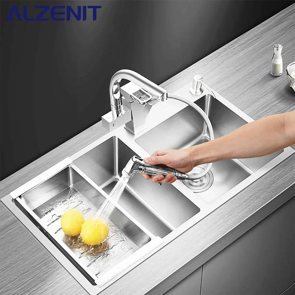 304 Stainless Steel Brushed Kitchen Sink Above Counter Undermounter Silver Double Bowel Wash Basin With Mixer Faucet Accessories