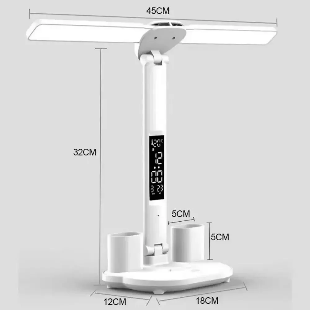 180 회전식 접이식 눈 보호 독서 야간 조명, LED 시계 책상 조명, USB 충전식, 플러그인 조도 조절식 책상 조명