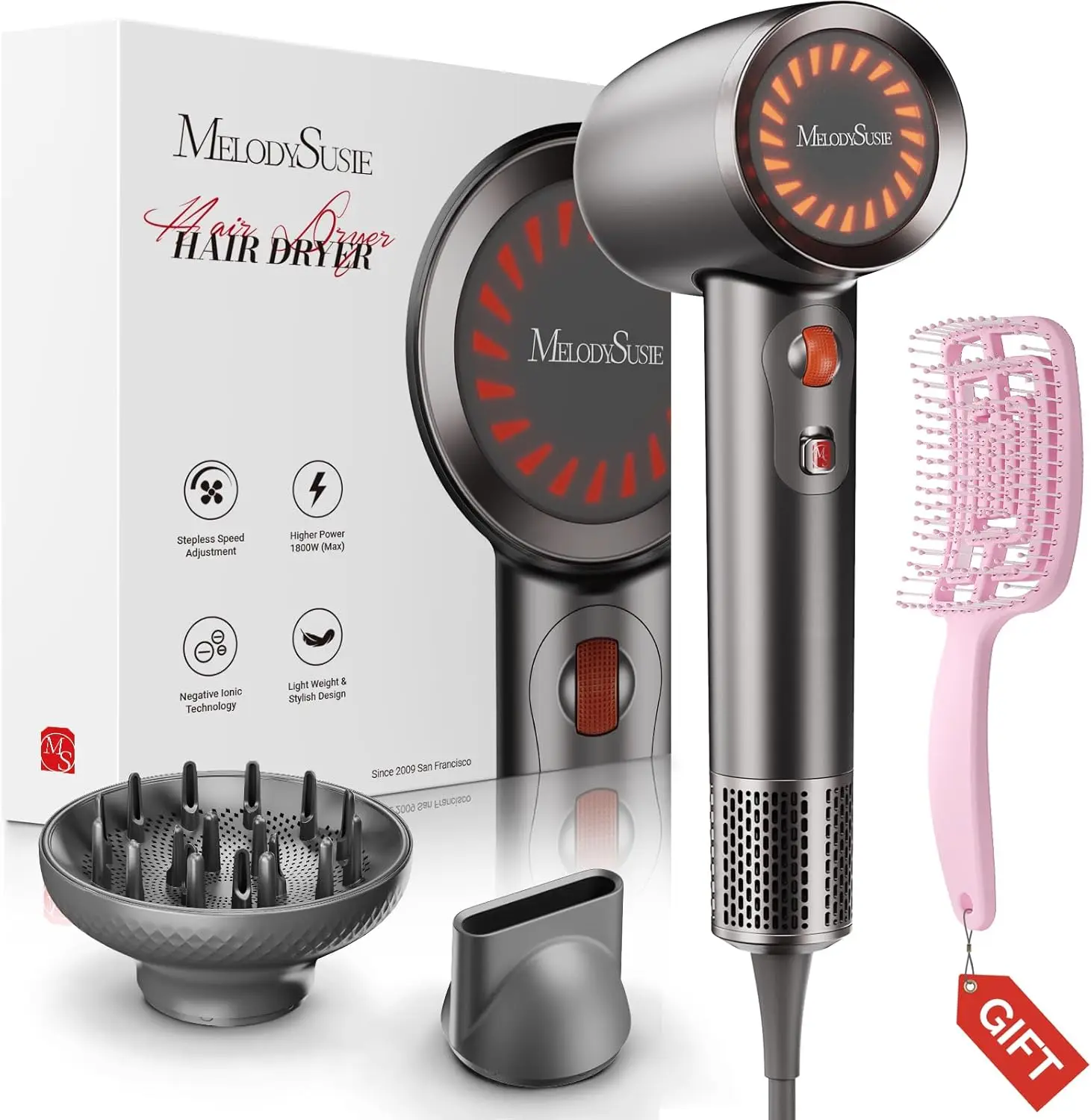 Powerful Ionic Blow Dryer with Diffuser,Nozzle and Hair Brush