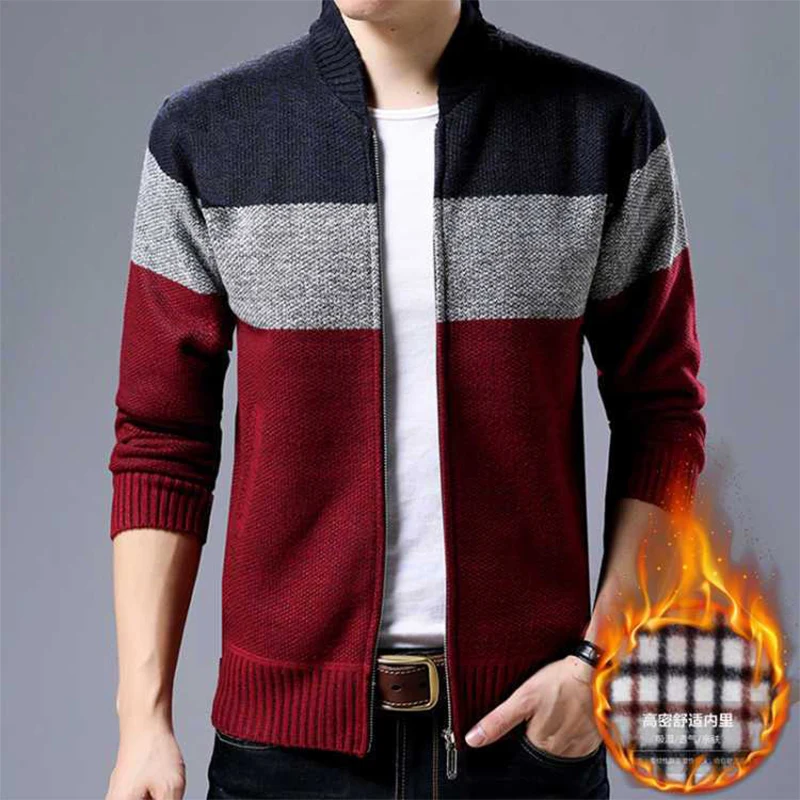 Autumn Winter Stand Collar Oversized Add Velvet Thick Warm Cardigan Sweater Men Loose Casual Zipper Knitted Coat Male Ouwear Top