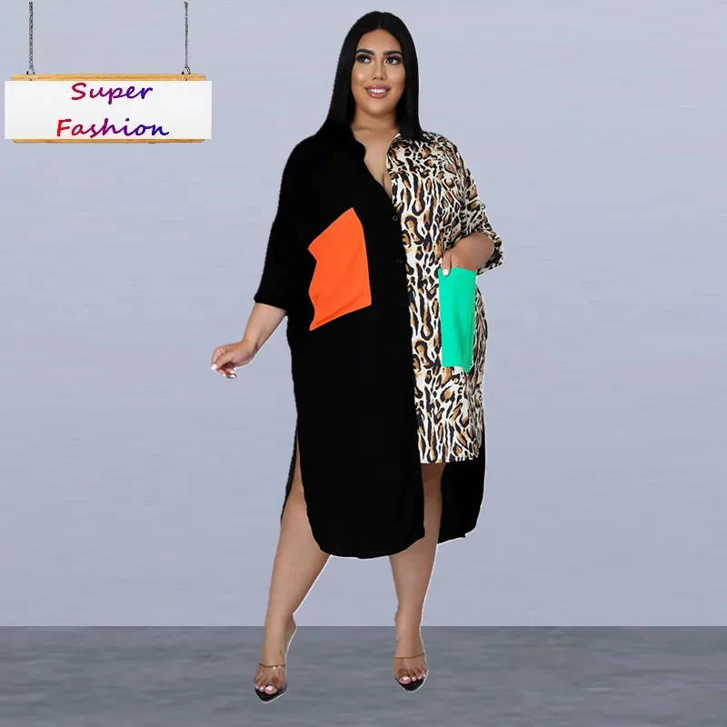 

Женское Повседневное платье-рубашка, свободное асимметричное платье с длинным рукавом и принтом, большие размеры, L-5XL, размера плюс