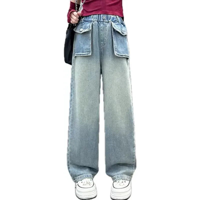 

Fashionable Girls Jeans with Four Pockets Design Trousers Casual Children Clothes Vintage Wide Leg Pants Teens Solid Color Jeans