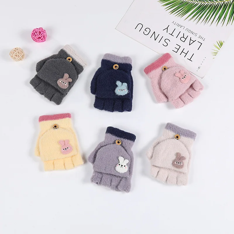 3-8 Year Old Winter Children's Plush Contrasting Rabbit Gloves Student Writing Half Finger Baby Cartoon Gloves