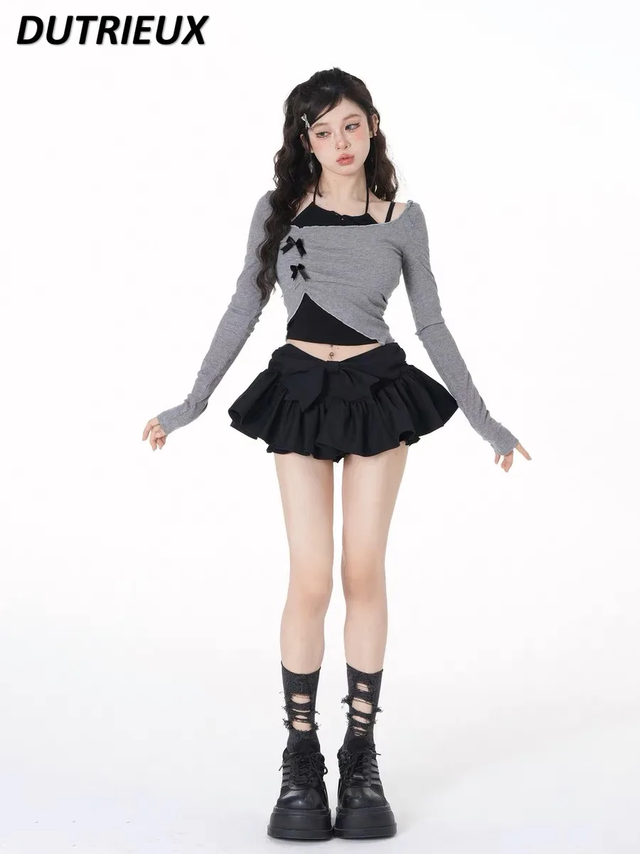 Y2k Hot Girl Irregular T-shirt and Sling Top Slimming Suit Women's High Waist Short Culottes Three-Piece Suit Fashion Outfits