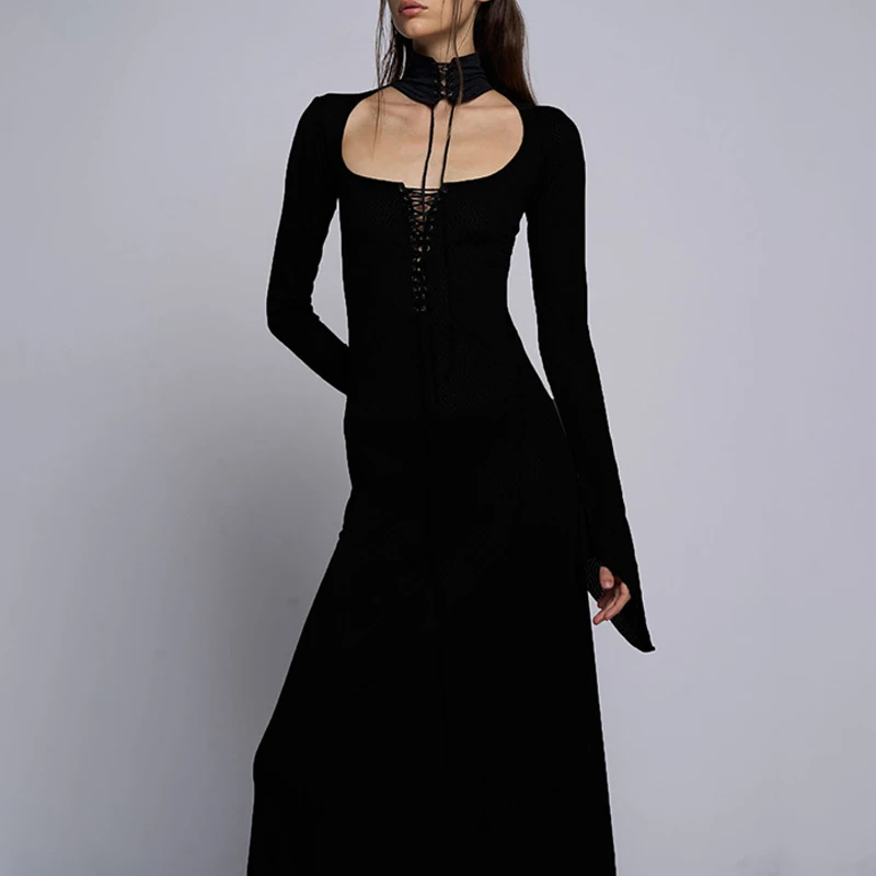 

Goth Dark Elegant Turtleneck Cut Out Y2k Black Dresses Mall Gothic Bandage Slim Sexy Long Dress Women Grunge Punk Club Alt Cloth