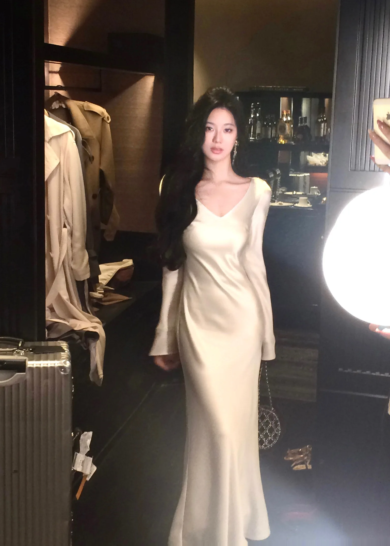 Vestidos largos de satén de otoño para mujer, vestido de fiesta de noche para boda, vestido de graduación, vestido de sirena de una pieza con cuello en V y mangas largas