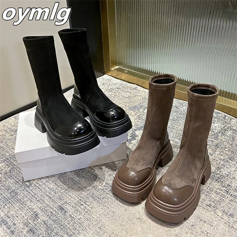 Fashion Elastic Women's Boots 2023 Winter New Vintage Versatile Slim Thick Heel Short Heel High Heel Slim Boots