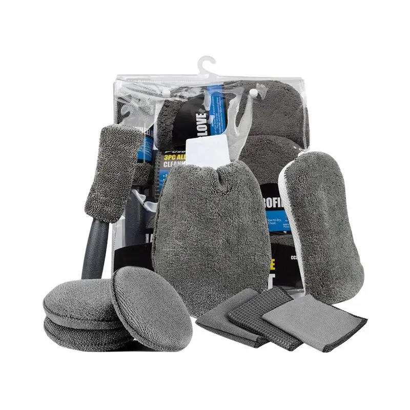 

9pcs Car Wash Cleaning Kits Microfiber Towels Blush Sponge Wash Glove Polish Care Applicator Pads Interior Car Cleaning Kit